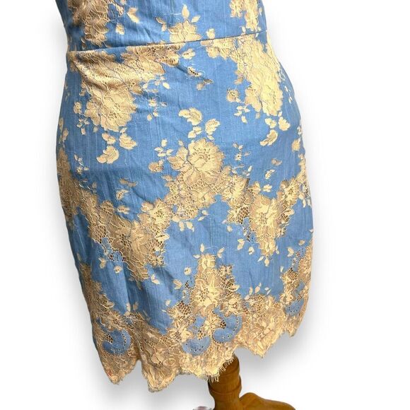 Storia Dress Womens Small Blue Beige Floral Lace Sheer Mini Mesh Chevron - Picture 7 of 8